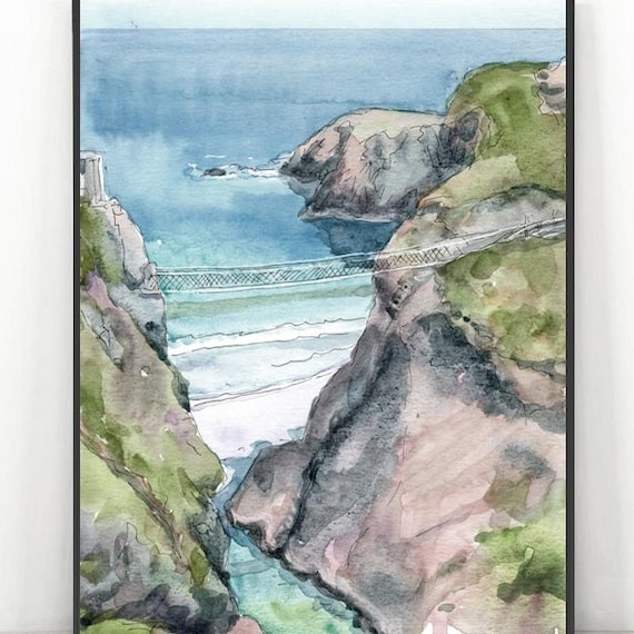 Rope Bridge Over Sea Cliffs Watercolor Coastal Sketch Poster