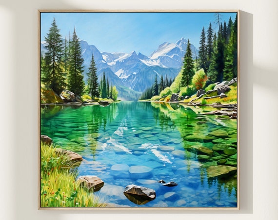 Mountain Lake Watercolor Art Print Blue Green Landscape