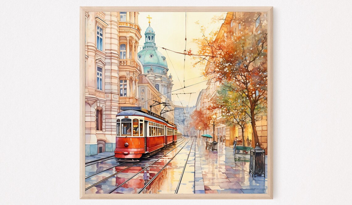 European Old Town Red Tram Watercolor Painting Church Dome Street Poster