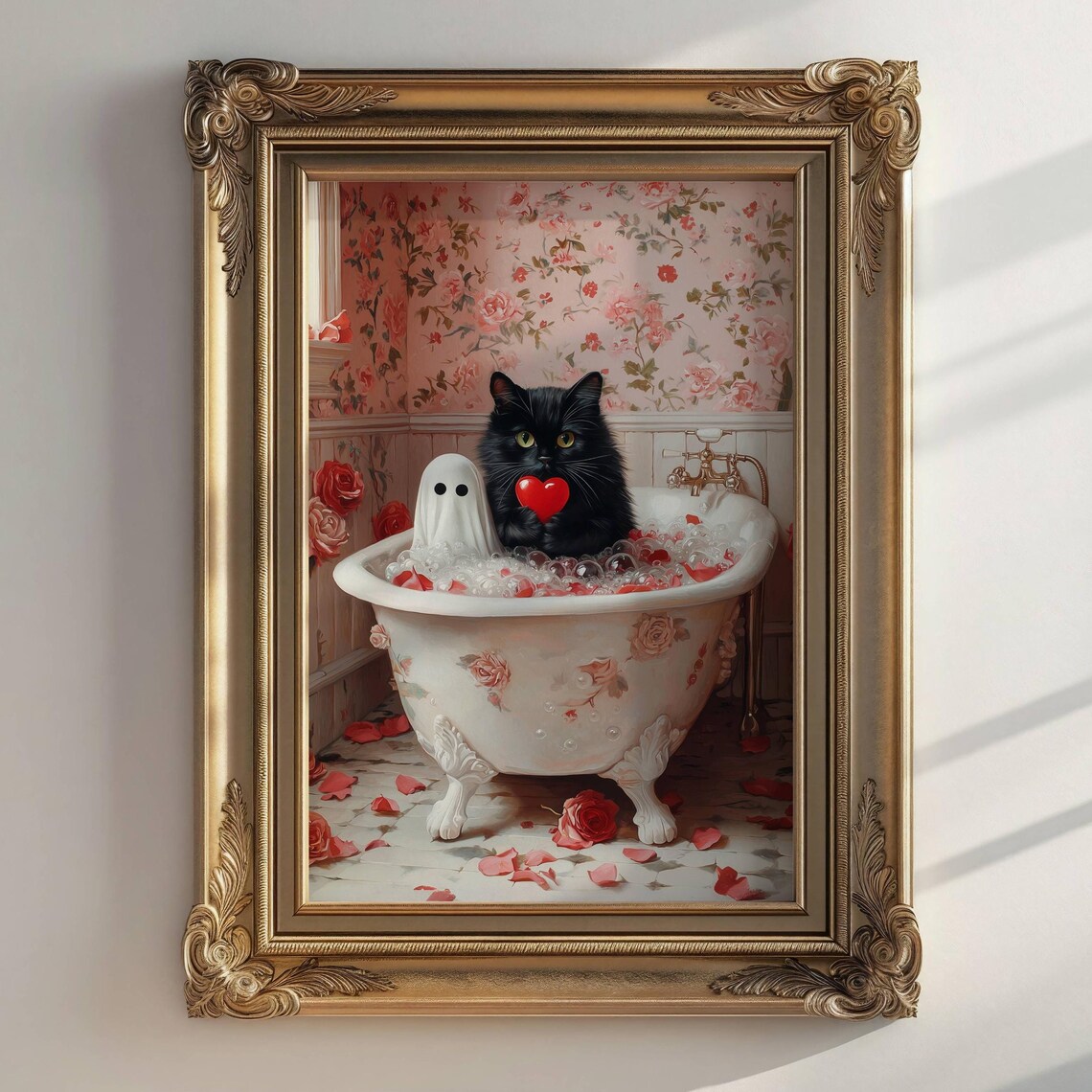 Ghost and Cat Valentine's Day Bathroom Art Print
