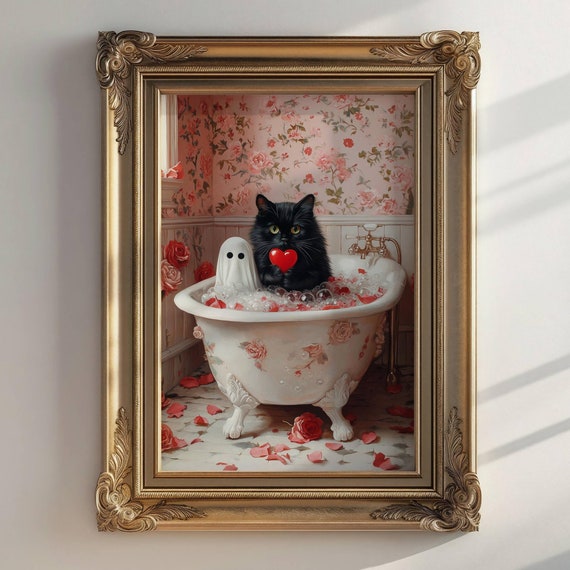 Ghost and Cat Valentine's Day Bathroom Art Print