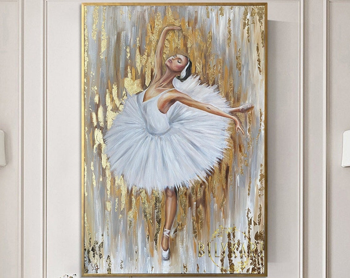 Abstract Ballerina Oil Painting Original Gold Ballerina Wall Decor Dancing Girl Art Ballet Painting Gold Leaf Ballerina Painting On