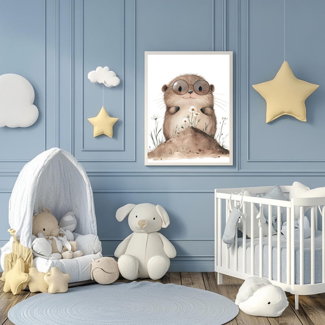 Baby Mole Wearing Round Glasses With Daisies and Mound Poster - Image 3