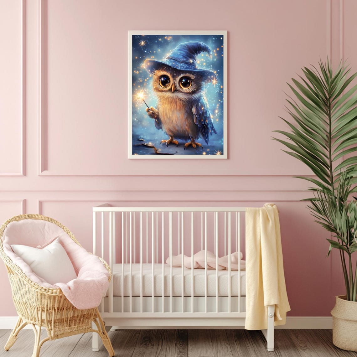 Cute Baby Owl Wizard Blue Hat Sparkling Wand Starry Night Poster - Image 4