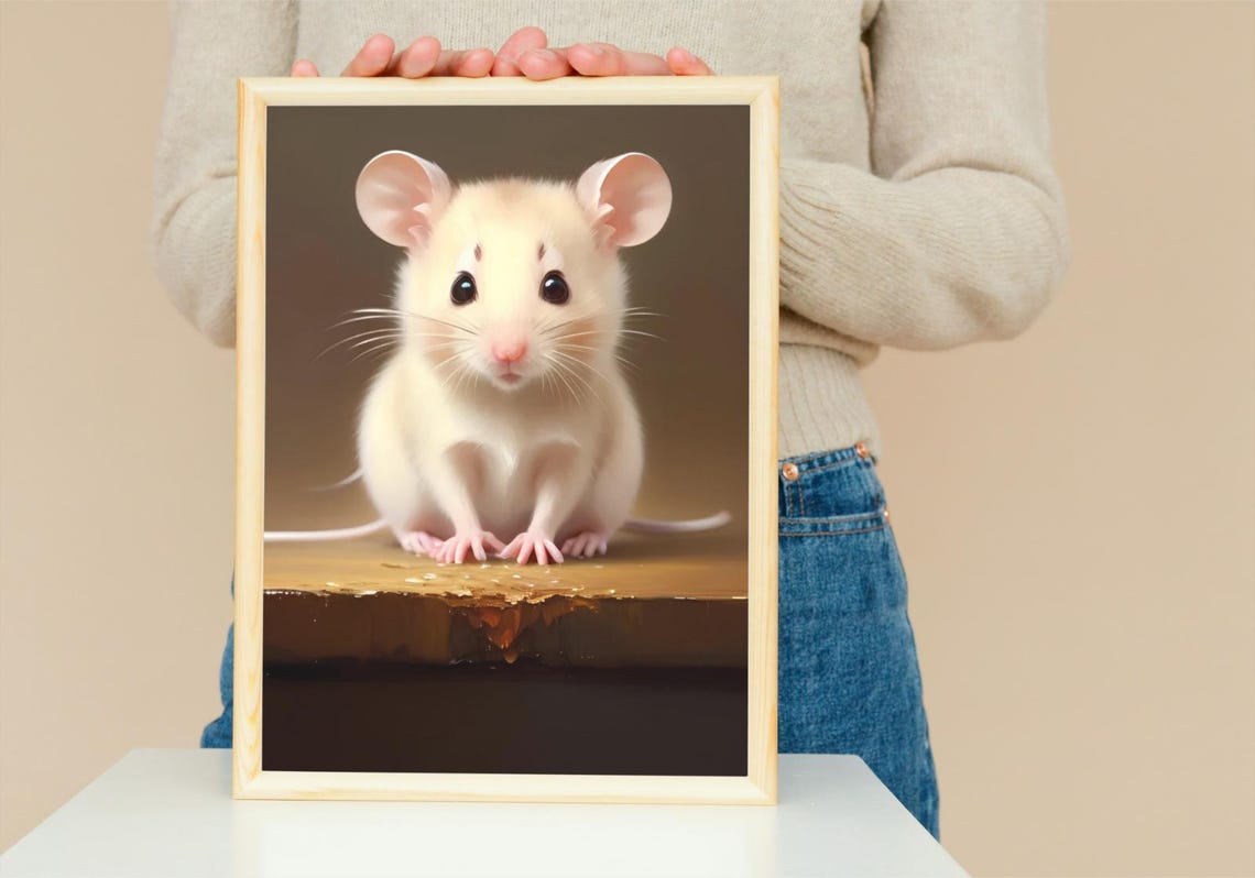 Adorable Baby White Mouse Big Pink Ears Wooden Ledge Portrait Poster - Image 5