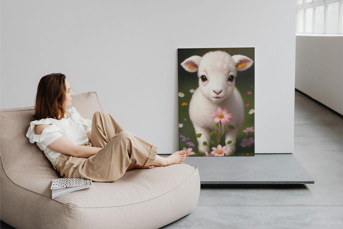 Baby Lamb Wall Art Home Decor Cute Animal Painting Living Room Art - Image 3
