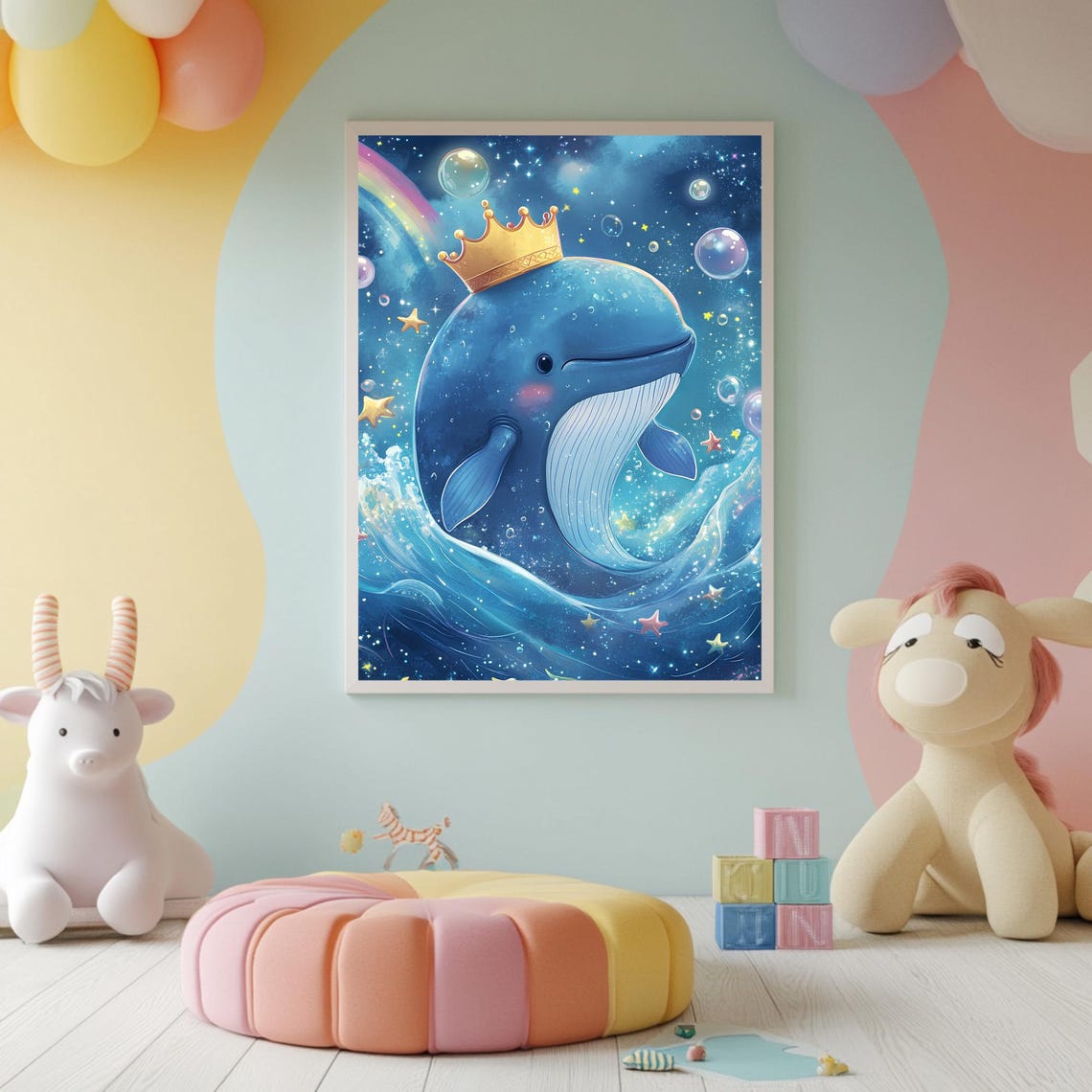 Whimsical Crowned Blue Whale Starry Night Ocean Nursery Art Poster - Image 2