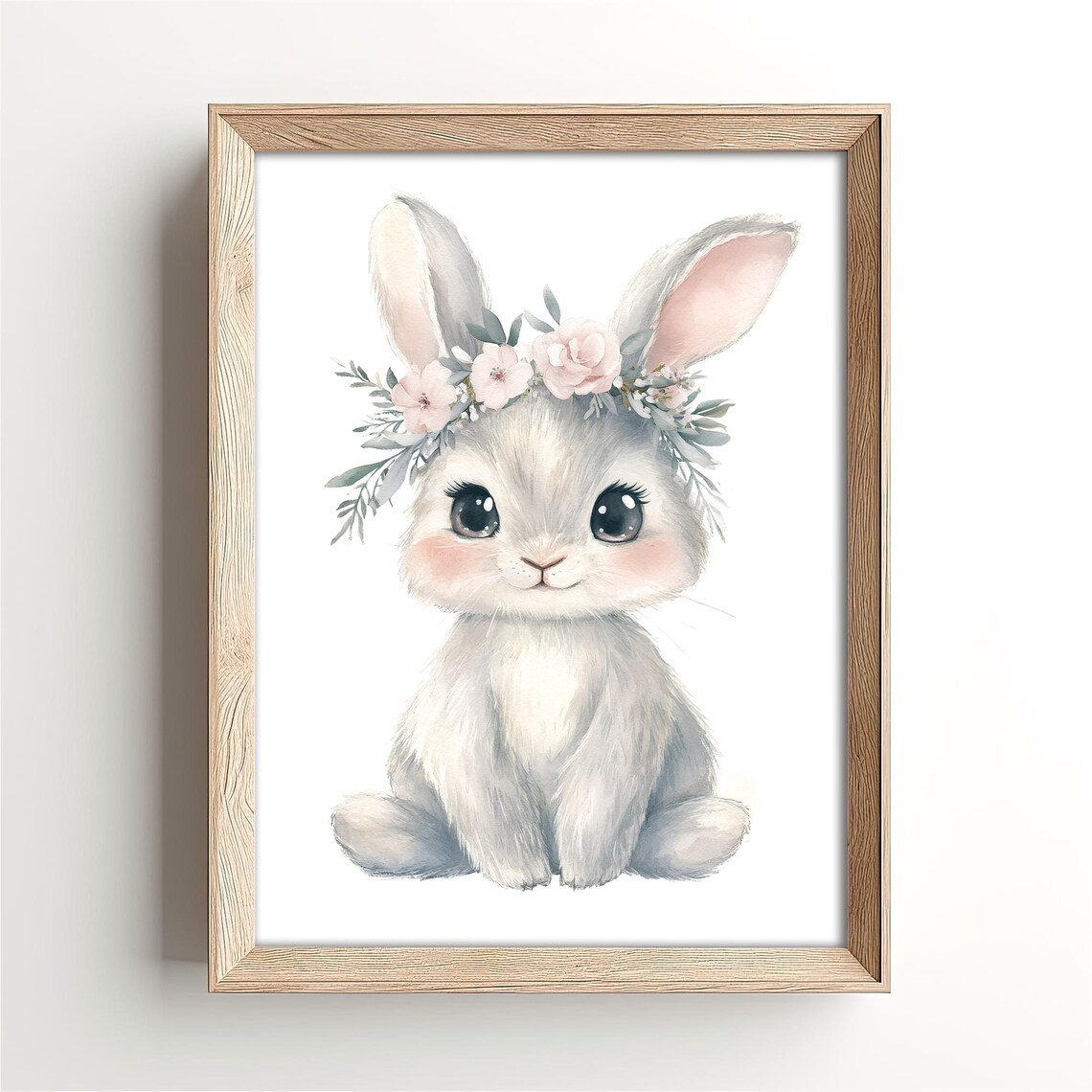 Baby Bunny Wearing a Pink Flower Crown Watercolor Nursery Poster