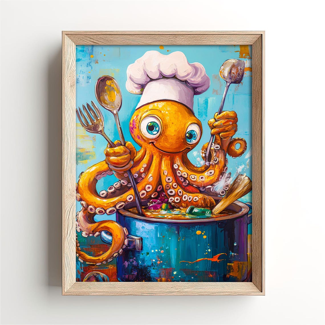 Funny Octopus Chef Hat Juggling Utensils Steaming Pot Kitchen Poster