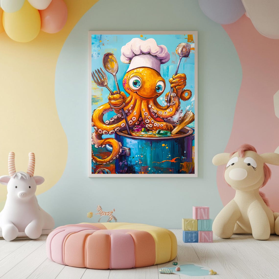 Silly Octopus Chef Nursery Wall Art Octopus Baby Shower Gift Cute Kids Room Decor Ocean Theme Nursery Print - Image 2