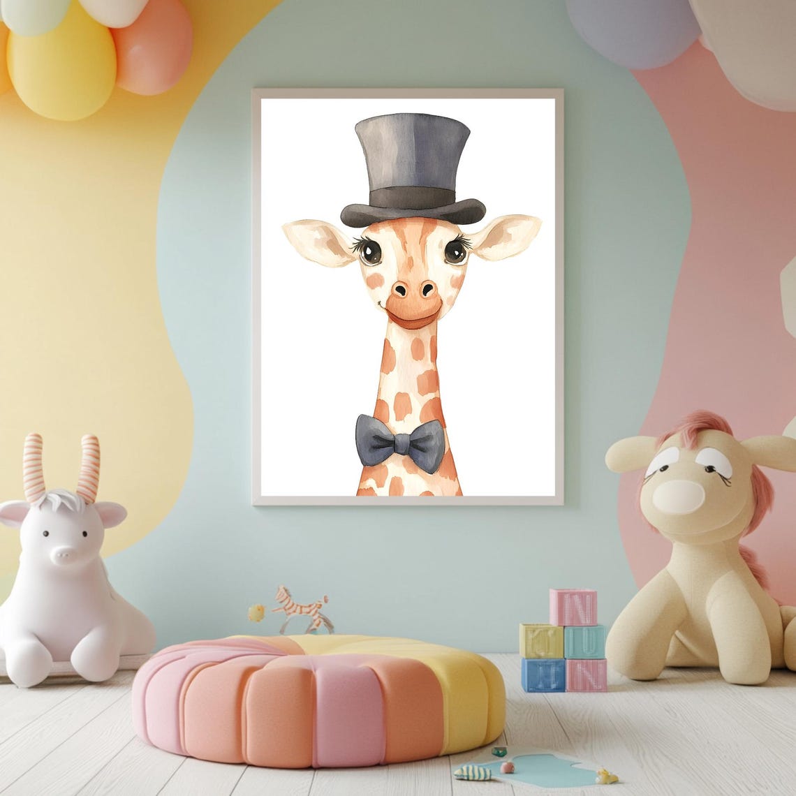 Baby Giraffe Wearing Top Hat and Bow Tie Watercolor Art Poster - Image 2
