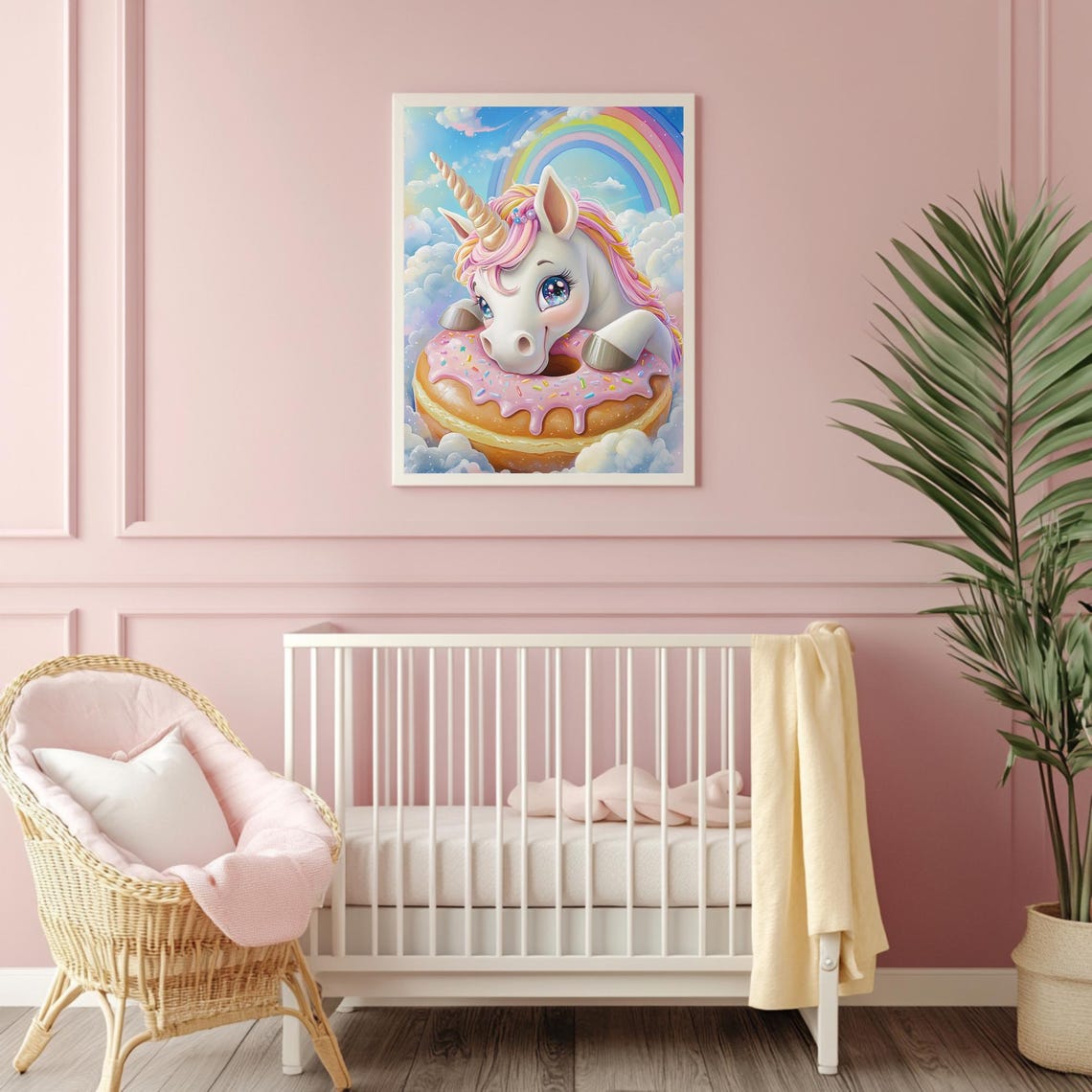 Cute Unicorn Biting Pink Sprinkle Donut Rainbow Clouds Fantasy Poster - Image 4