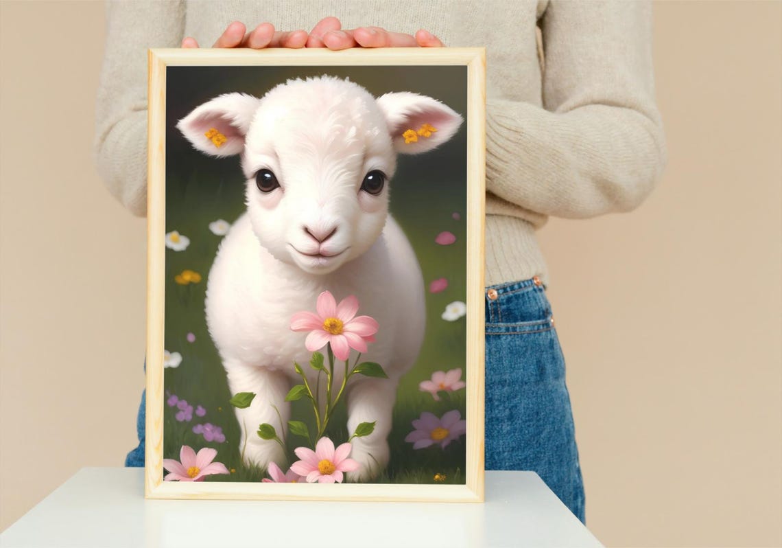 Baby Lamb Wall Art Home Decor Cute Animal Painting Living Room Art - Image 5