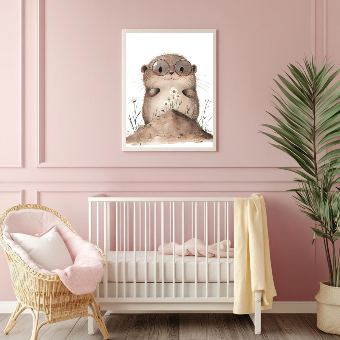 Baby Mole Wearing Round Glasses With Daisies and Mound Poster - Image 4
