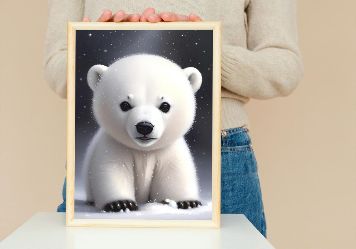 Baby Polar Bear Cub Snow Night Stars Fluffy Arctic Nursery Wall Poster - Image 5