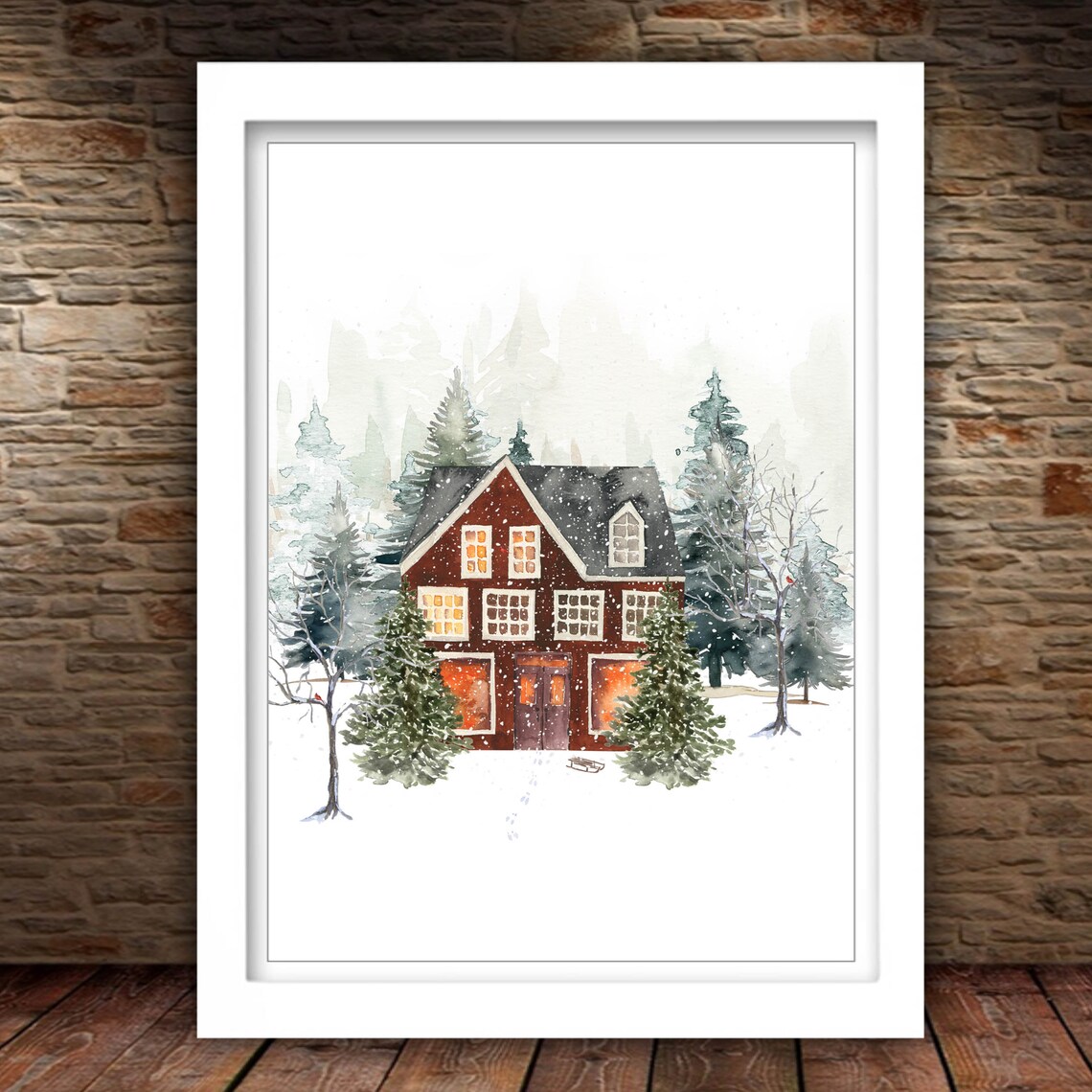 Red Winter House Glowing Windows Watercolor Snowy Christmas Scene Poster - Image 2