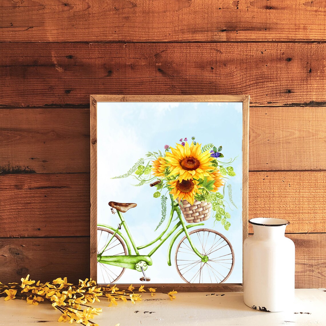 Green Bicycle With Sunflower Basket Summer Watercolor Poster - Image 7