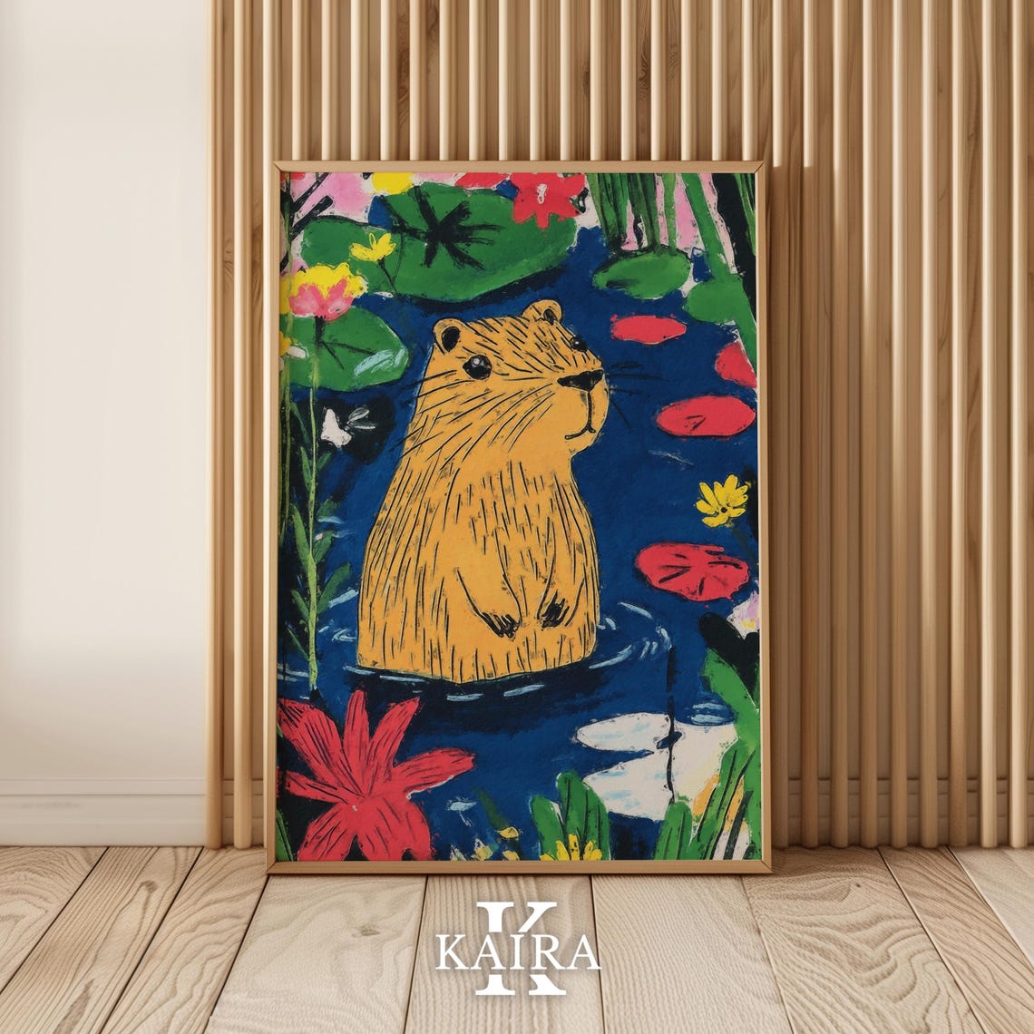 Golden Capybara Swimming Among Lotus Flowers and Lily Pads Poster - Image 5