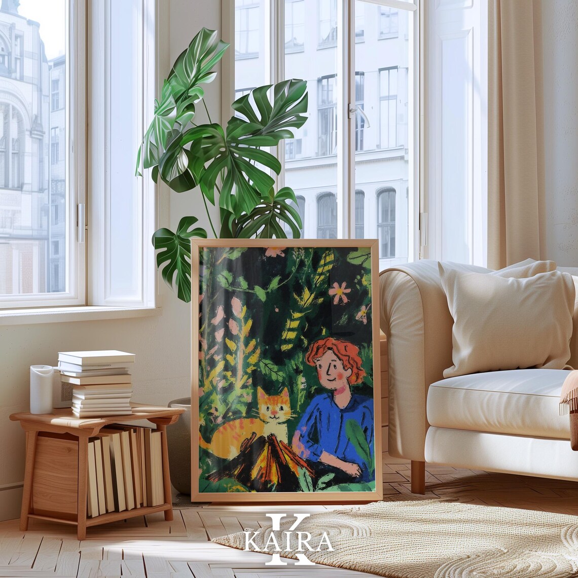 Red-Haired Boy Cuddling an Orange Cat by a Campfire in the Forest Poster - Image 4