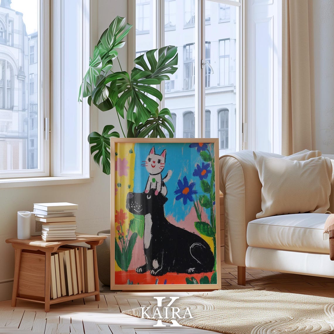 Happy White Cat Riding on a Big Black Dog Among Flowers Poster - Image 4