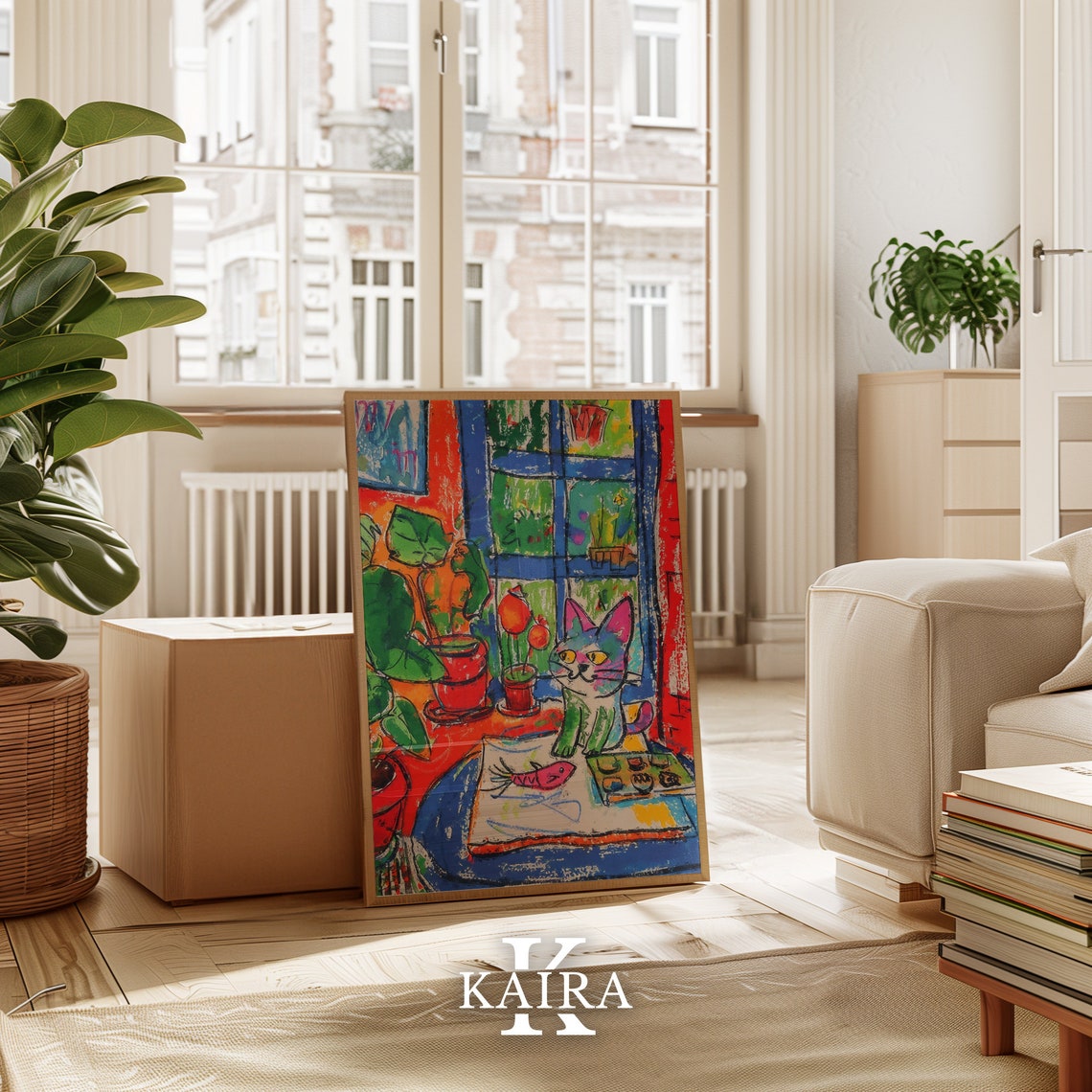 Cat In Window With Flowers Colorful Whimsical Kitchen Cat Poster - Image 4