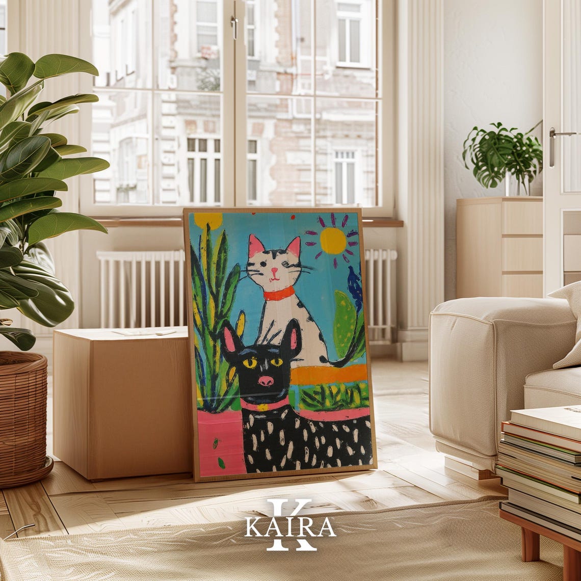 Spotted Black Dog and White Cat Under the Sun in a Garden Poster - Image 3