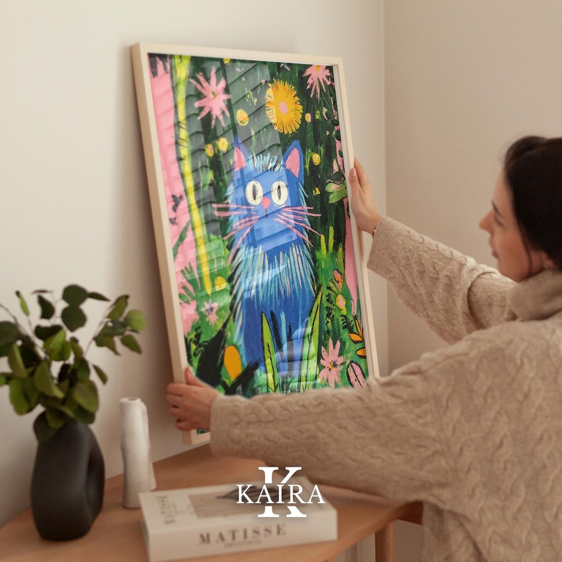 Whimsical Blue Cat with Pink Whiskers in a Magical Garden Poster - Image 2