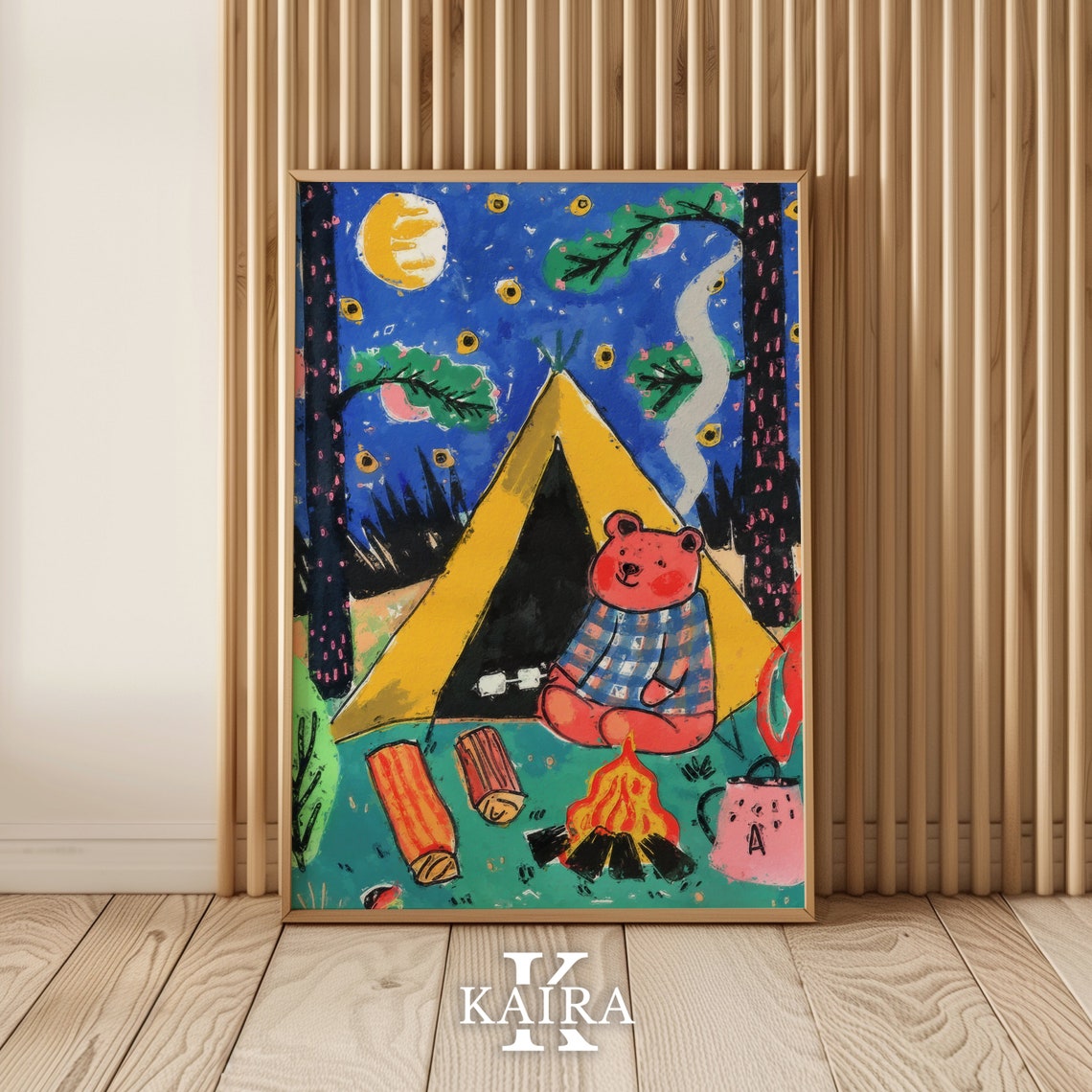 Red Bear Camping Under the Moonlight by a Warm Campfire Poster - Image 2