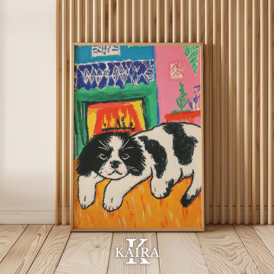 Black and White Puppy Resting by a Warm Crackling Fireplace Poster