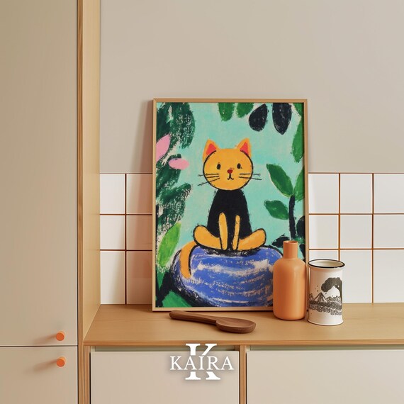 Orange Cat Sitting on a Blue Rock in a Lush Green Garden Poster