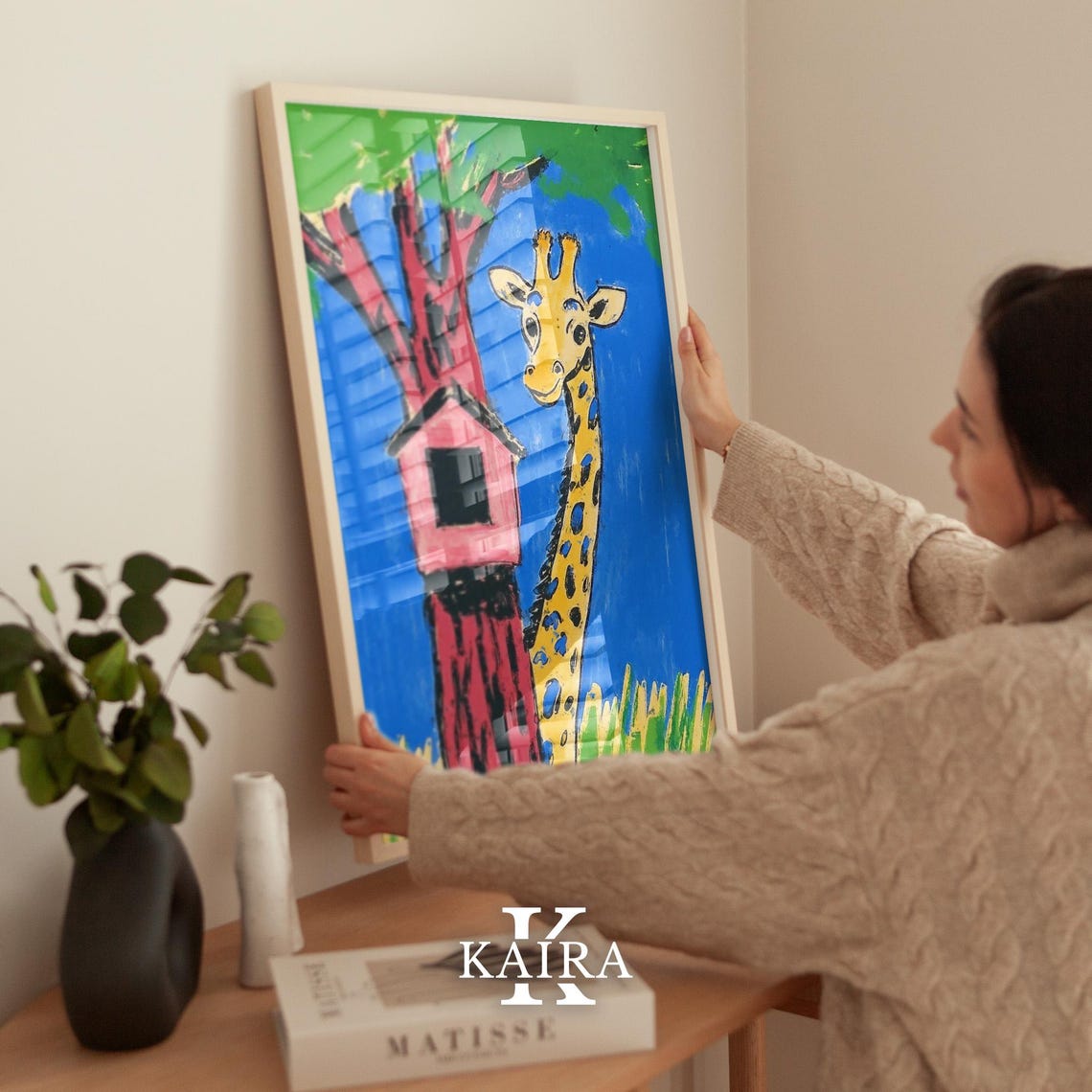 Smiling Giraffe Beside a Red Tree With a Pink Birdhouse Poster - Image 2