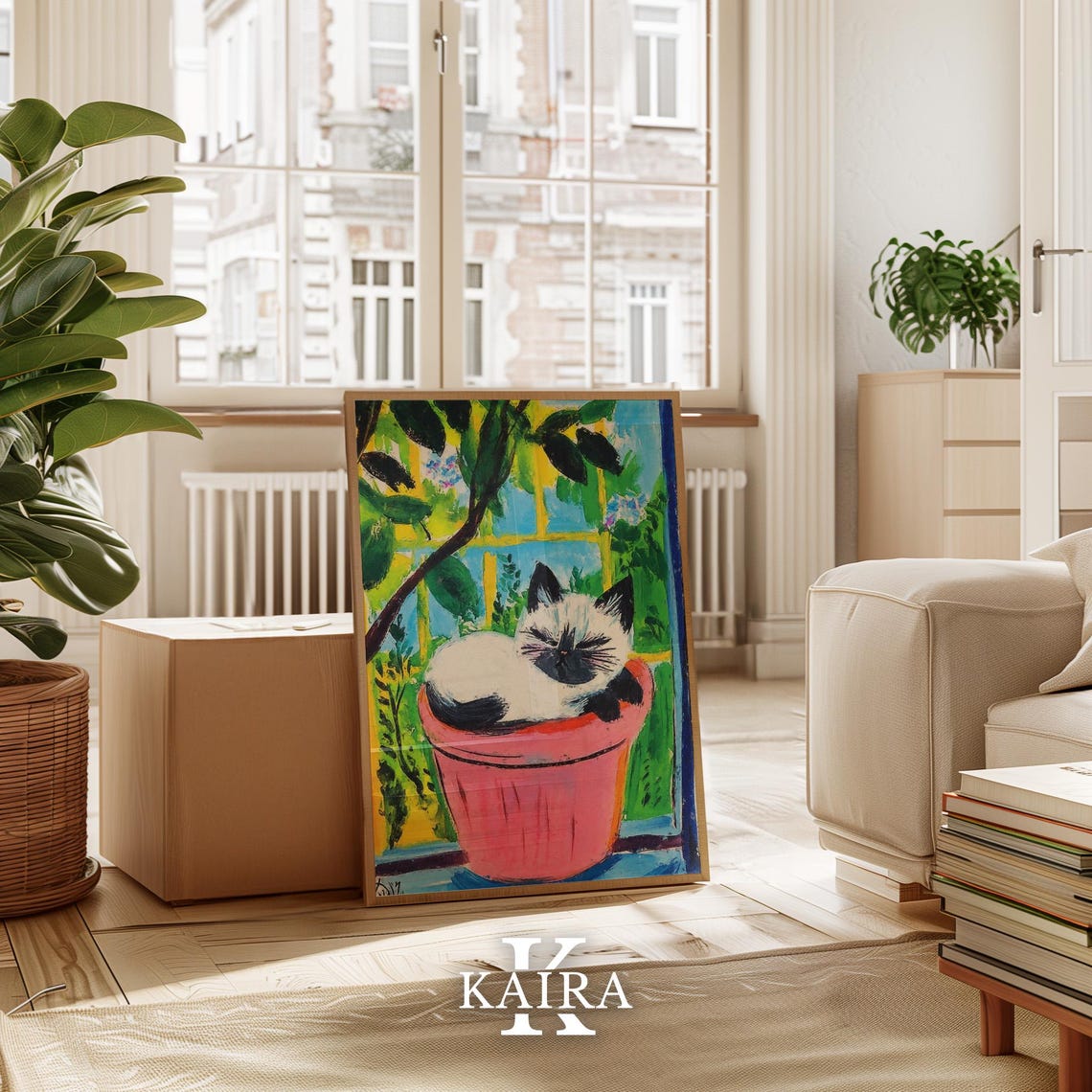 Sleeping Siamese Cat Curled Inside a Pink Flowerpot at Home Poster - Image 3