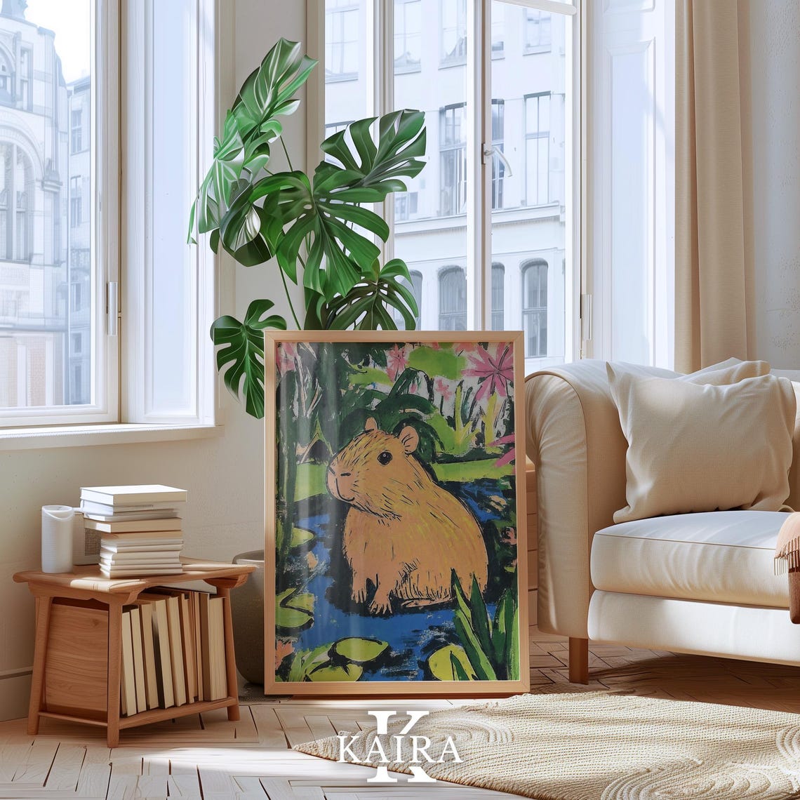 Relaxed Capybara Sitting by a Pond Full of Lily Pads and Blooms Poster - Image 4