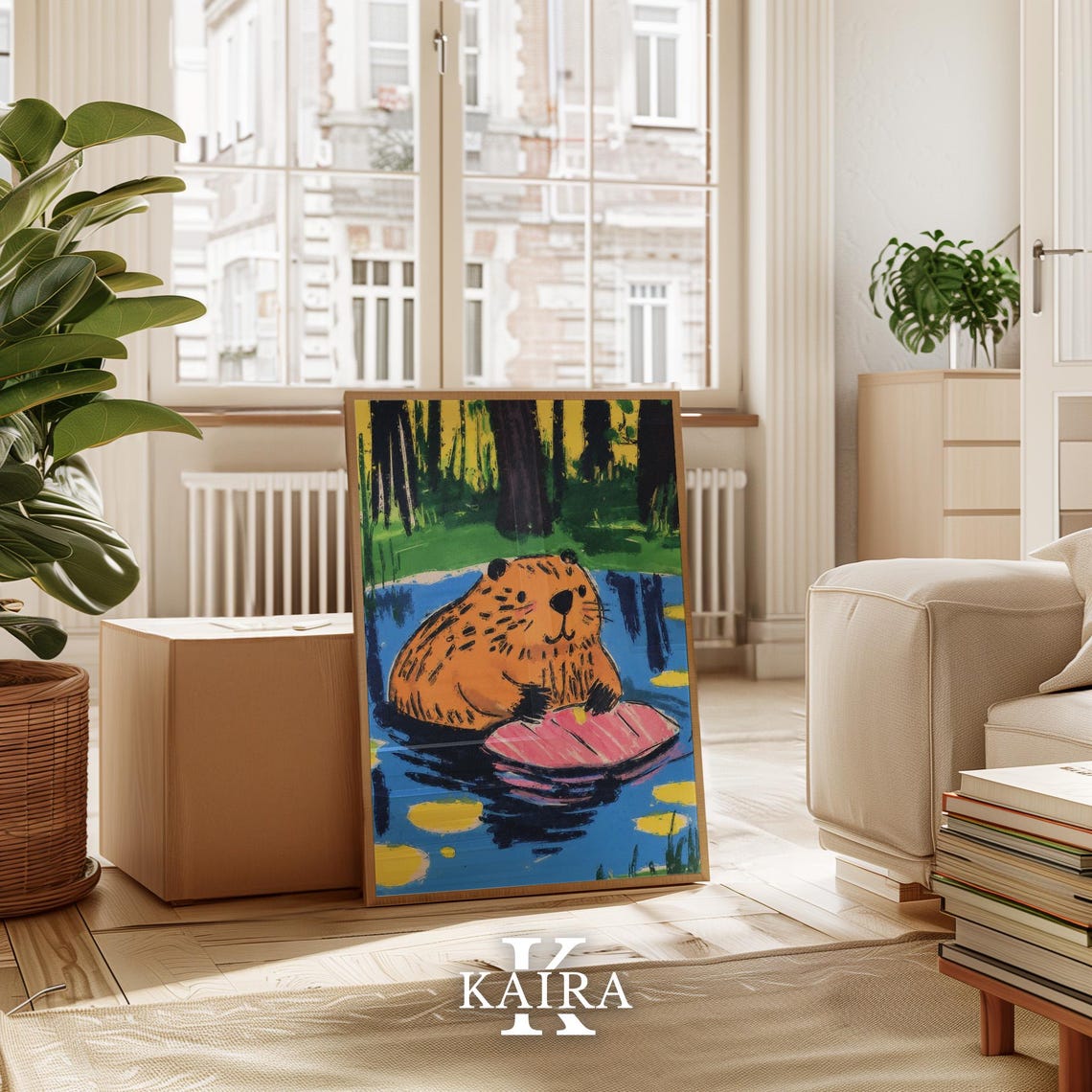 Orange Beaver Floating On A Pink Lily Pad In Blue Water Poster - Image 3