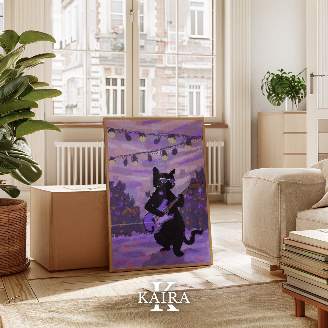 Cool Black Cat Playing Electric Guitar At Outdoor Party String Lights Poster - Image 4