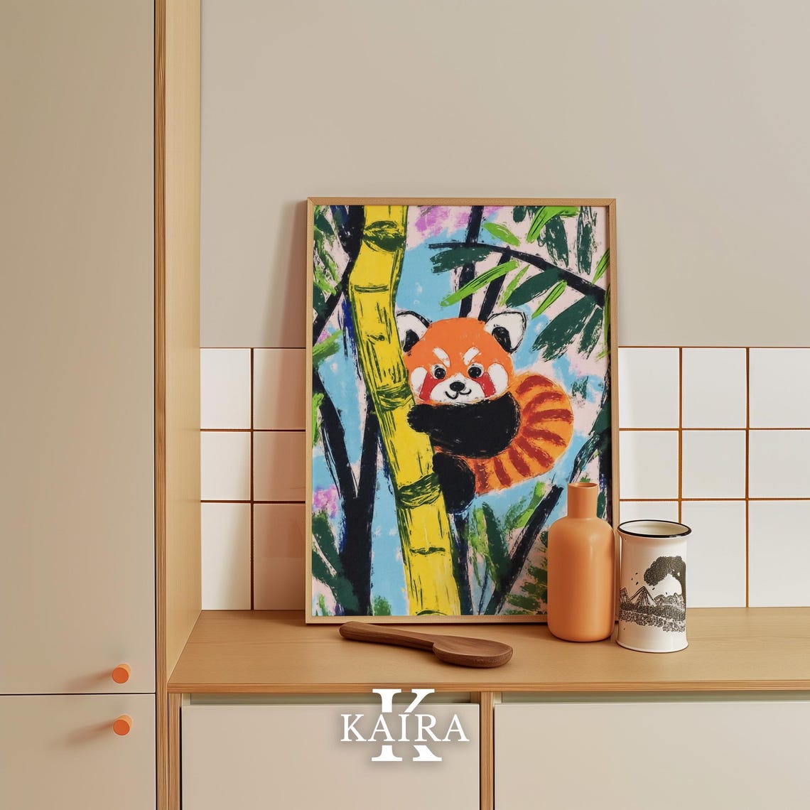 Adorable Red Panda Climbing a Tall Yellow Bamboo Stalk Poster - Image 4