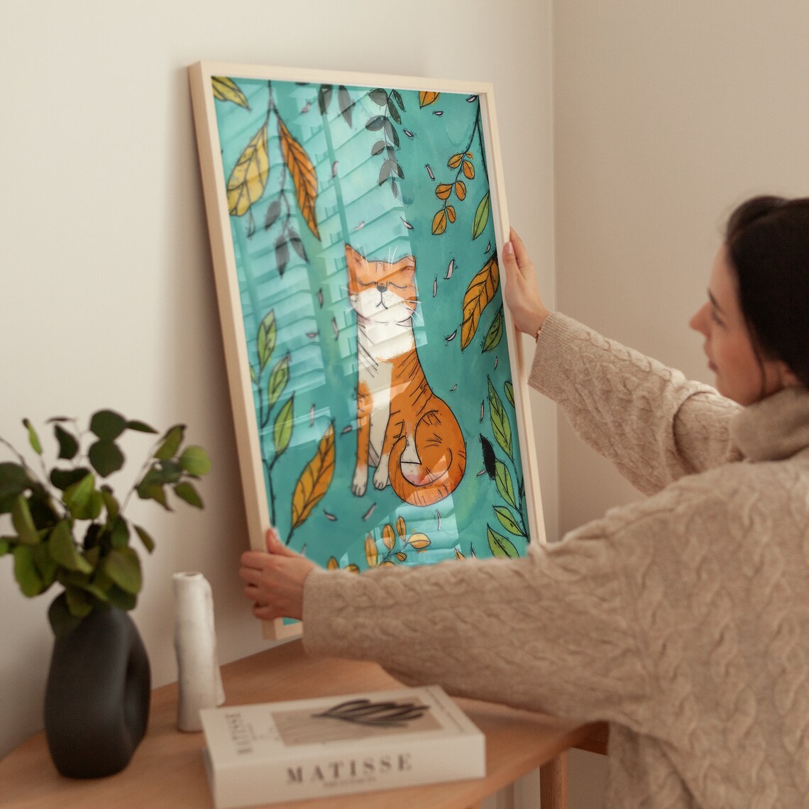 Peaceful Orange Cat Among Falling Leaves Teal Botanical Cat Poster - Image 4