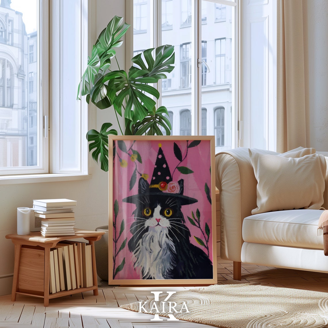 Fluffy Black Cat In Polka Dot Witch Hat With Flowers Pink Art Poster - Image 2
