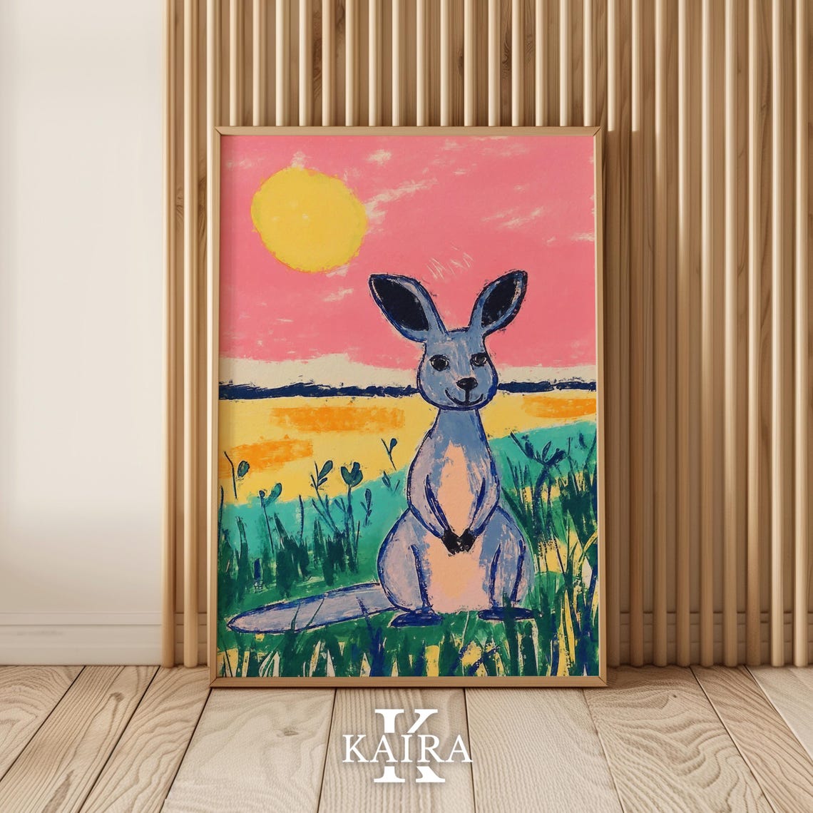 Smiling Blue Kangaroo Standing in Grass Under a Pink Sunset Poster - Image 5