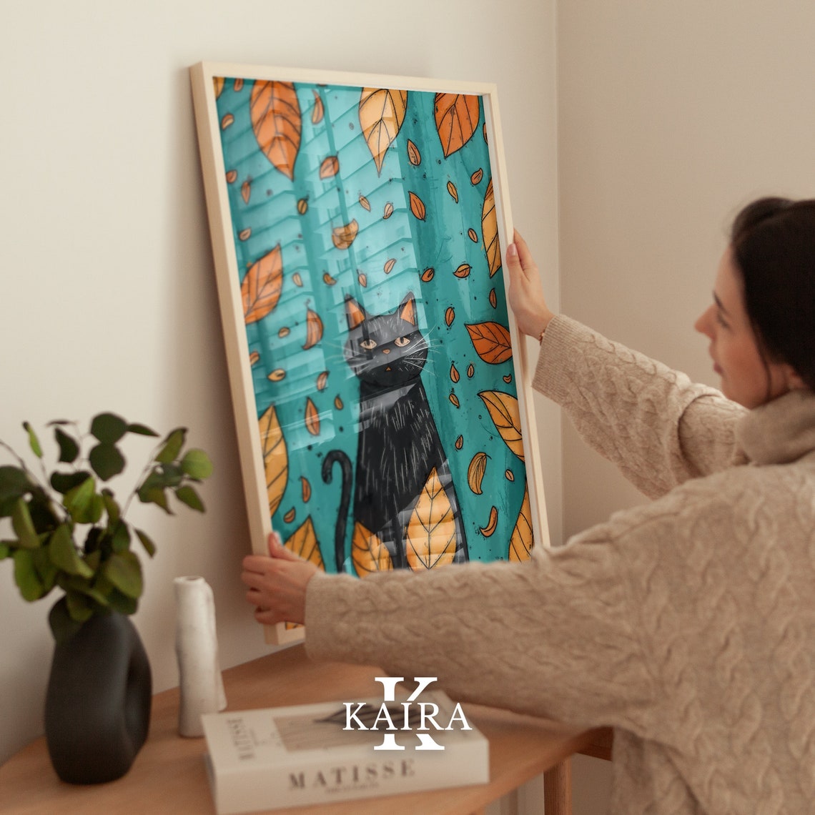 Black Cat With Falling Autumn Leaves Teal Fall Season Cat Poster - Image 4
