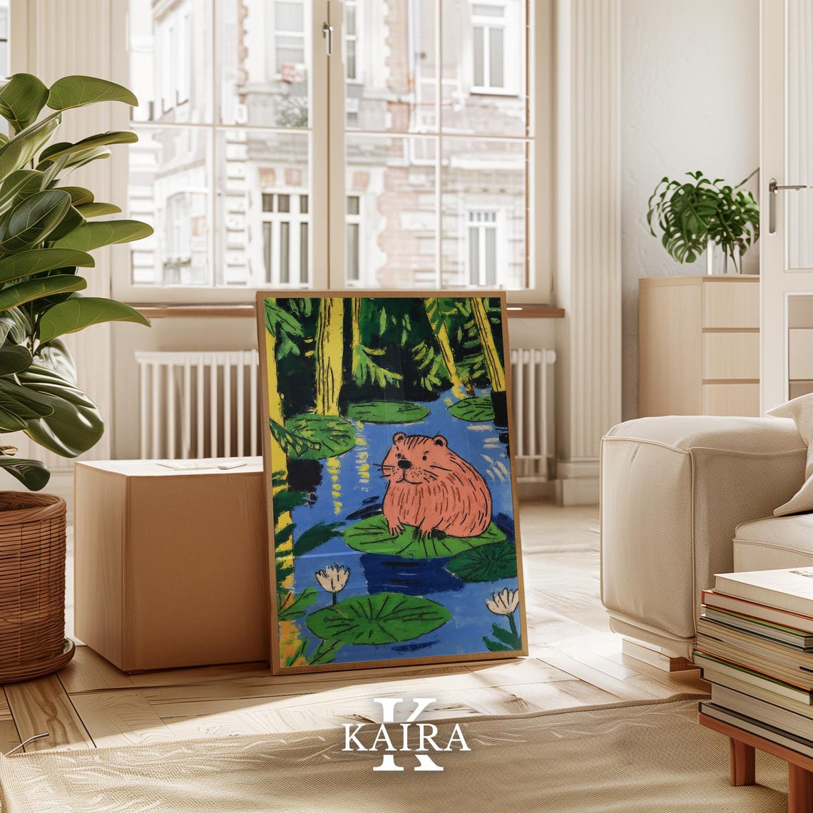 Chubby Pink Beaver Resting On A Lily Pad In A Forest Pond Poster - Image 3