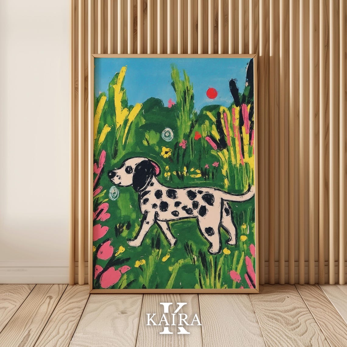 Dalmatian Dog Strolling Through a Lush Green Flower Garden Poster