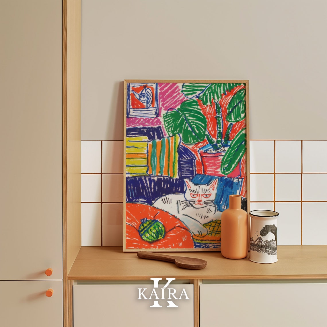 White Cat Lounging With Yarn Ball On Colorful Couch Cozy Cat Poster - Image 5