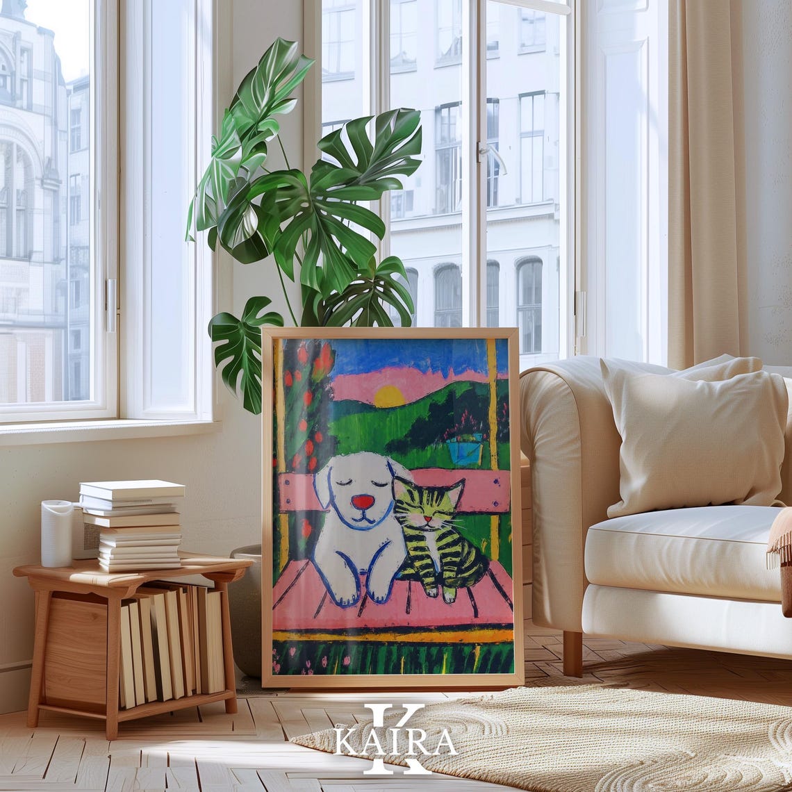 White Dog and Tabby Cat Relaxing on a Pink Bench at Sunset Poster - Image 4