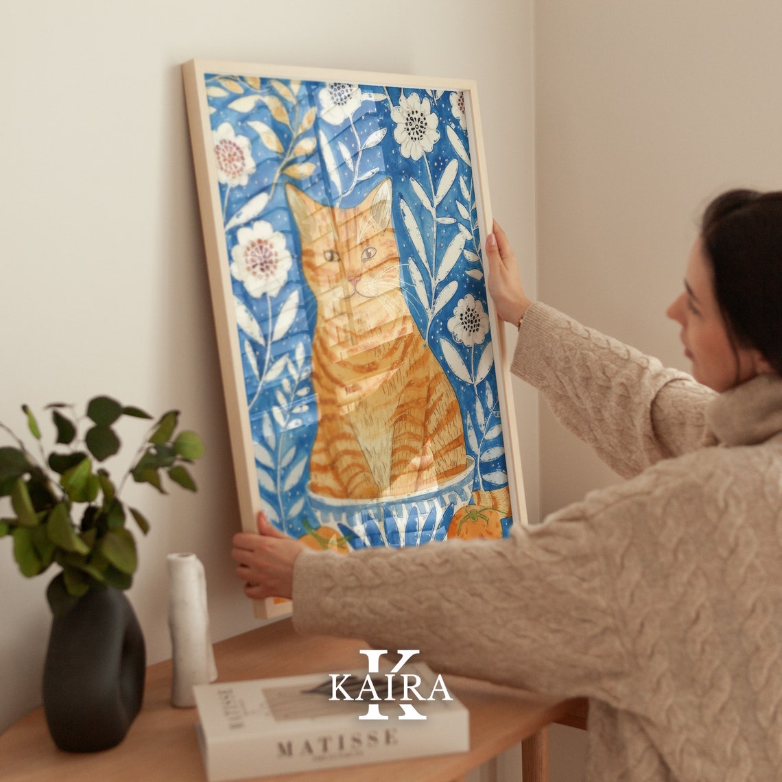 Ginger Tabby Cat On Blue Floral Botanical Background Art Poster - Image 4