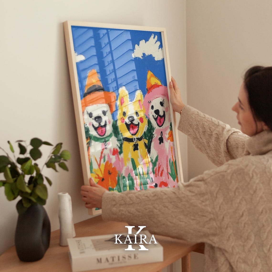 Three Happy Dogs Wearing Witch Hats in a Flower Meadow Poster - Image 2