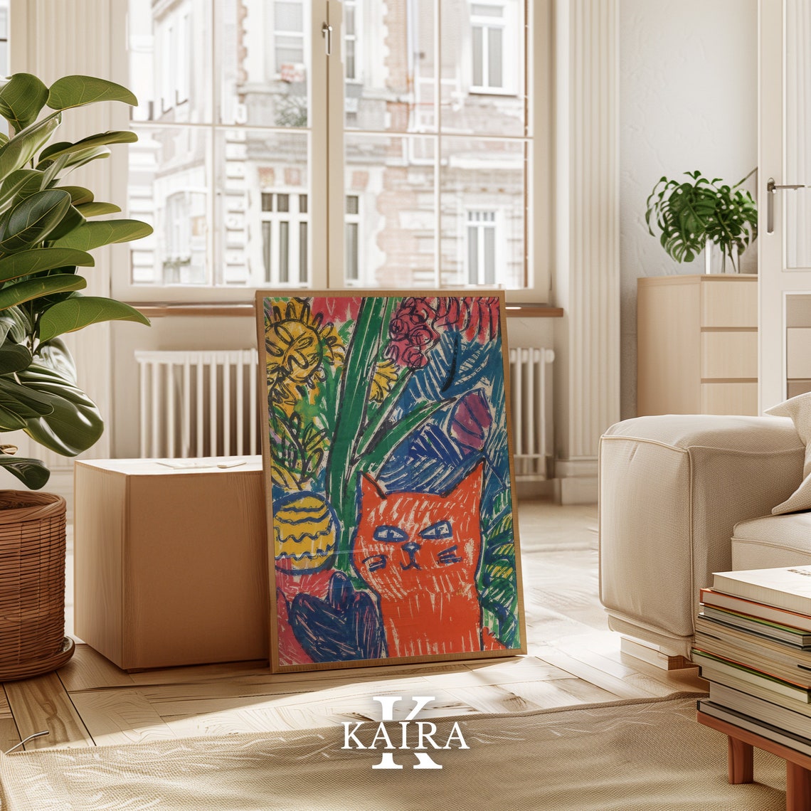 Orange Cat In Tropical Foliage Sunflower Colorful Art Poster - Image 3