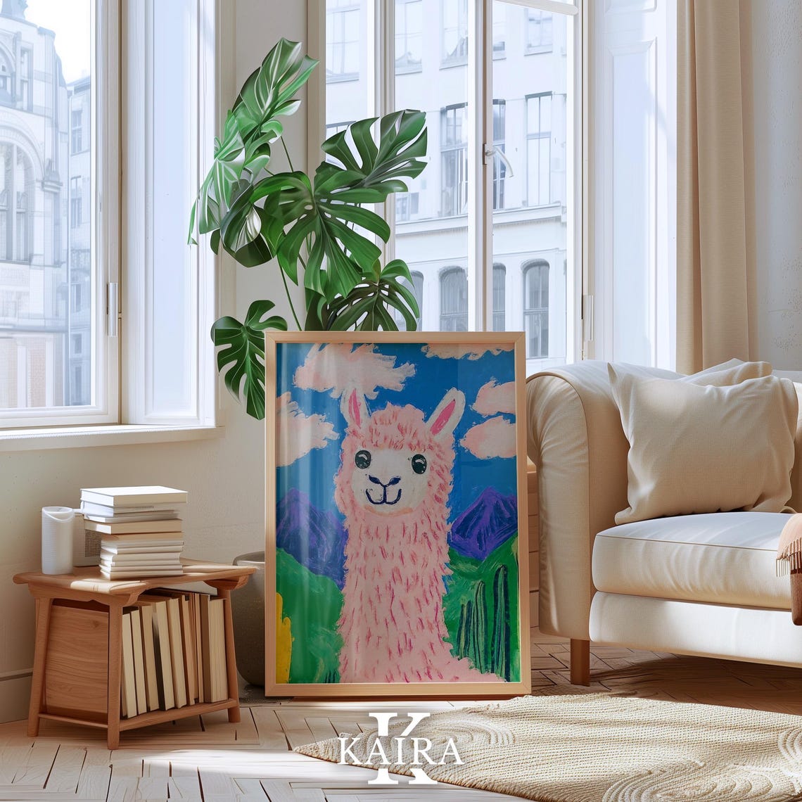 Fluffy Pink Llama Smiling Against Purple Mountains and Clouds Poster - Image 3