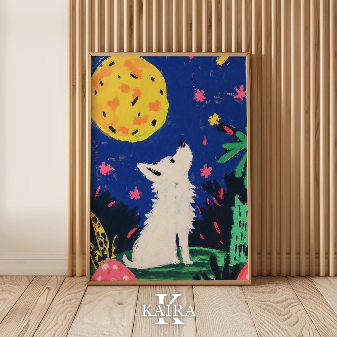 Happy White Dog Howling Up At A Giant Golden Moon At Night Poster - Image 5