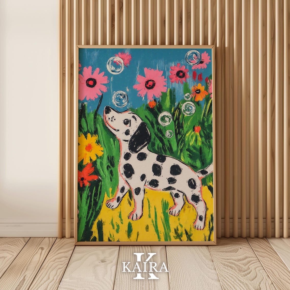 Dalmatian Puppy Watching Floating Bubbles Among Pink Flowers Poster